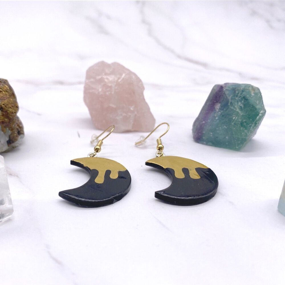 Black and Gold Drippy Moon Wire Hook Dangle Earrings - Picture 6 of 10